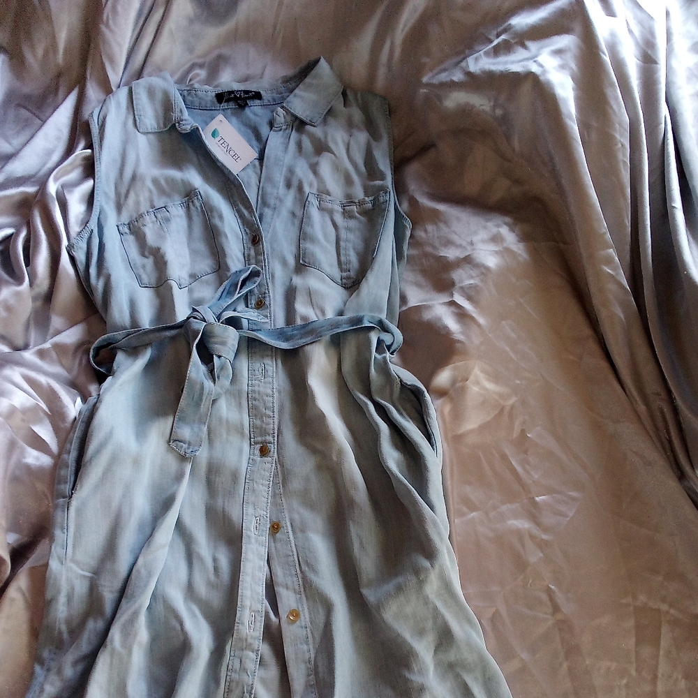 Denim Button Down Tie Summer Dress L